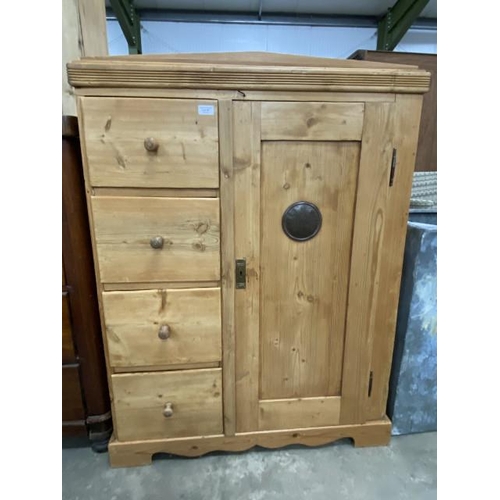 98 - Antique pine larder cupboard with 4 drawers and shelves to the interior (signs of worm) 123H 92W 41D