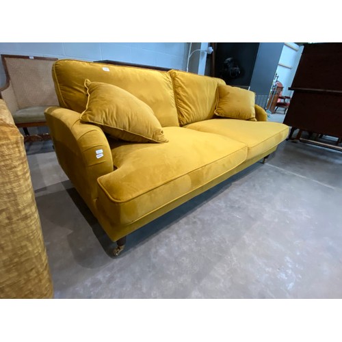 129 - Payton mustard velvet settee, in excellent condition 200W (NEW)