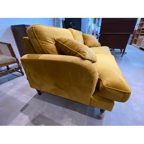 129 - Payton mustard velvet settee, in excellent condition 200W (NEW)