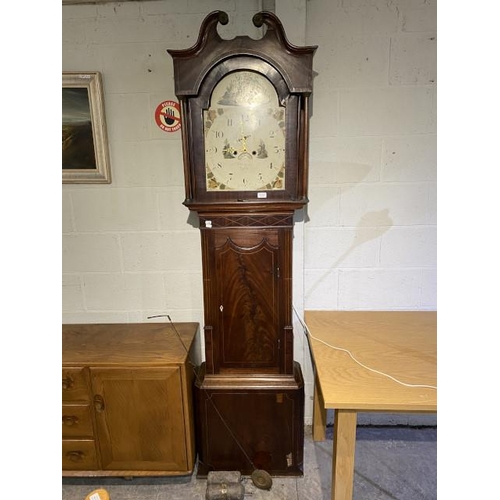 99 - 19th century mahogany inlaid 8 day grandfather clock with a painted enamel face ‘T Hargraves of Sett... 