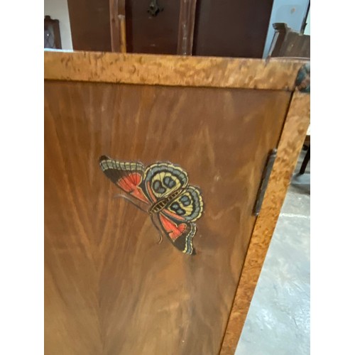 137 - Art Deco walnut pot cupboard with hand painted butterfly in relief 77H 36W 36D