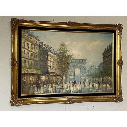 145 - Gilt framed oil on canvas ‘Arc de Triomphe’ Paris signed to bottom left T Carson 91 x 65cm