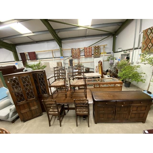 112 - Priory oak sideboard 86H 152W 46D, oak table 77H 154W 82D with 6 ladder back chairs and 2 corner dis... 