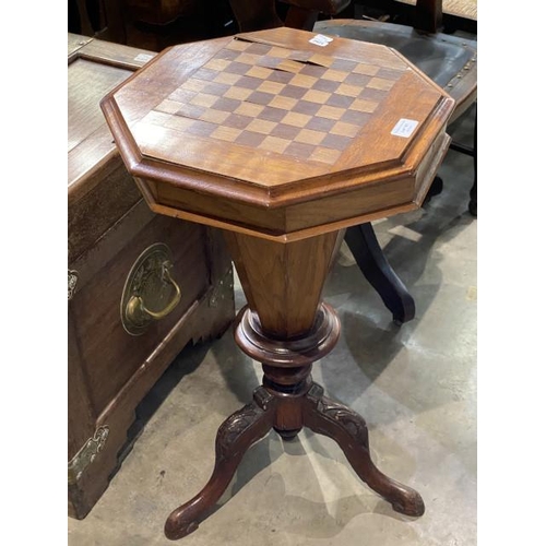 141 - Victorian walnut trumpet sewing/work box with inlaid chess board top 70H 40W 40D (as found)