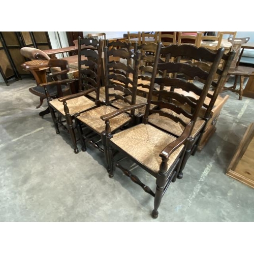 144 - 6 oak ladder back dining chairs with rush seats 56W