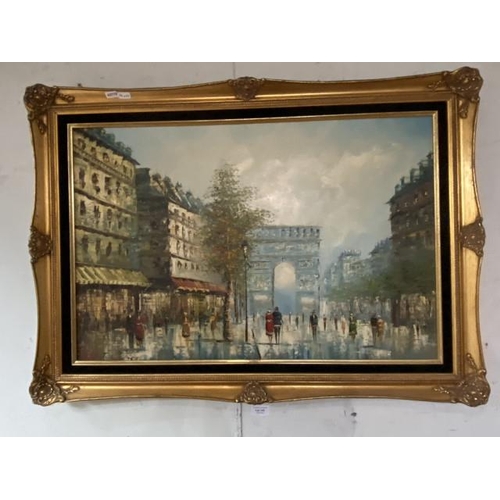 145 - Gilt framed oil on canvas ‘Arc de Triomphe’ Paris signed to bottom left T Carson 91 x 65cm