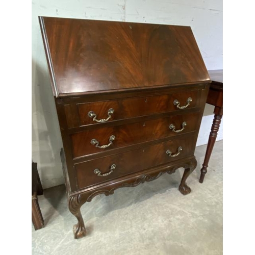 146 - Chippendale style mahogany bureau with ball and claw feet 104H 75W 46D