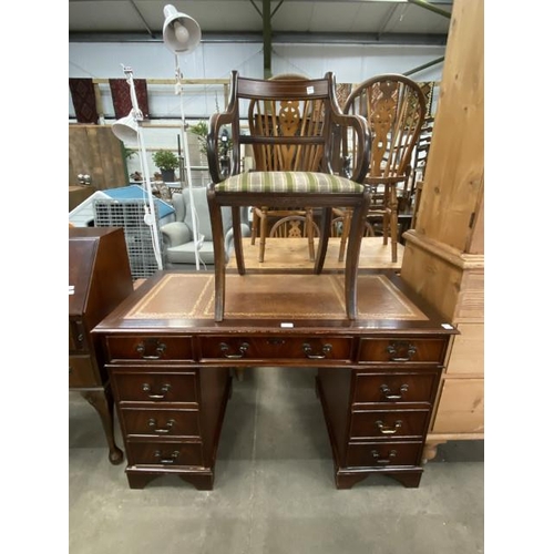 157 - Mahogany pedestal desk with brown leather inset 76H 122W 61D and a mahogany desk chair