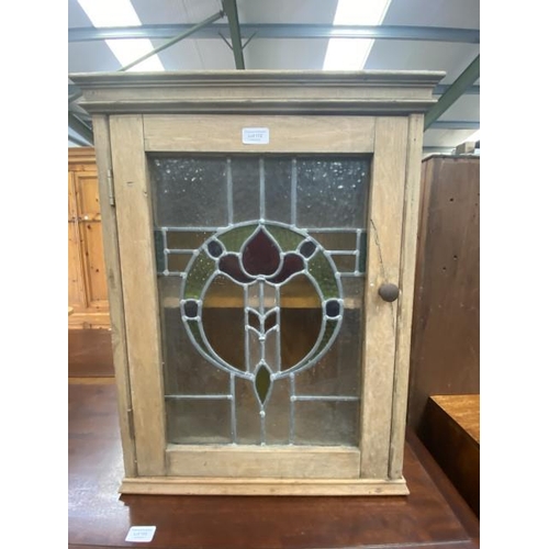 172 - Antique pine wall mounted cupboard with stained glass door 67H 52W 23D