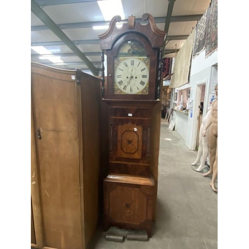 177 - 19th century oak and mahogany longcase clock with a painted dial, with winding key, pendulum and 2 w... 