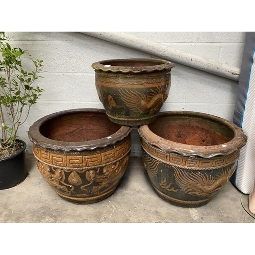 19 - 3 Chinese style glazed garden planters 40H 54cm diameter and 2x 50H 69cm diameter