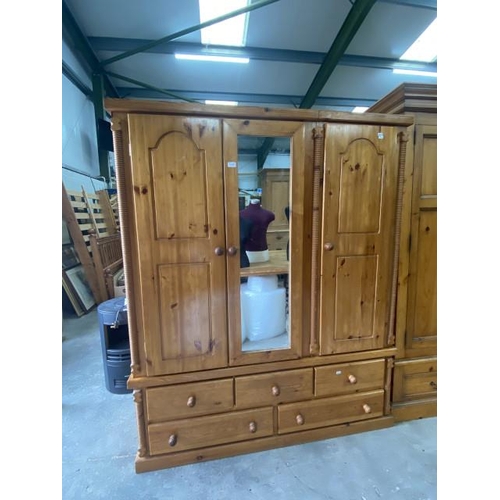 196 - Pine 3 door/5 drawer wardrobe 182H 150W 53D