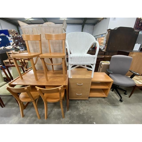 201 - Pine kitchen table 72H 100W 60D, 4 beech chairs, beech filing cabinet 70H 48W 50D, S21:enigma swivel... 