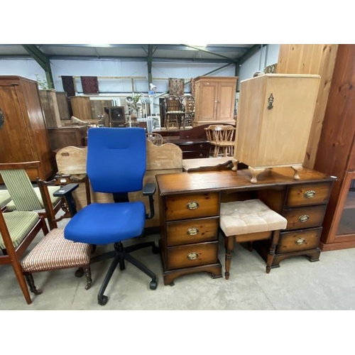 214 - Pine knee hole dressing table 84H 135W 41D with a matching stool, limed oak pot cupboard 57H 36W 34D... 