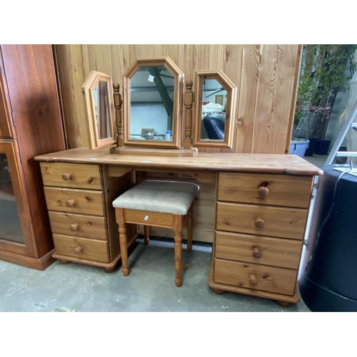 216 - Pine dressing table 68H 137W 38D with a mirror and stool