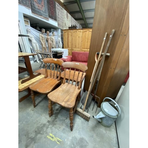 233 - 2 vintage ash and elm spindle back chairs and assorted garden tools etc