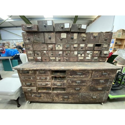 245 - Antique pine bank of workshop drawers (signs of worm, sold as seen) 152H 183W 60D