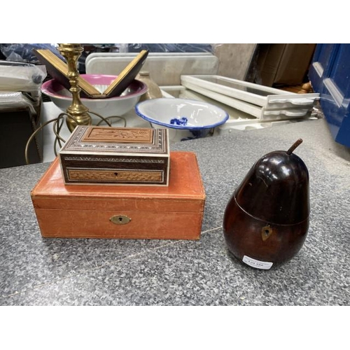 258 - Mahogany pear shaped jewellery casket, leather jewellery box with key & inlaid carved trinket box