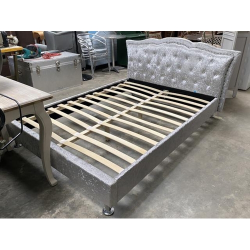 26 - Grey crushed velvet double bed frame with side rails and lats