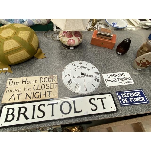 260 - Metal Bristol Street sign 80x15cm, Roger Lascelles enamel wall clock, 2 small enamel signs & 1 other