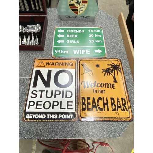 273 - 3 reproduction tin signs Friends, Beers, Girls, WIFE 330H 40W; Welcome to Beach Bar and No Stupid Pe... 