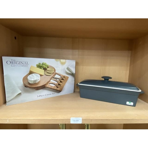 293 - Boxed The Original Gift Company 5 piece cheese set (NEW) and a grey lidded Jamie Oliver terrine