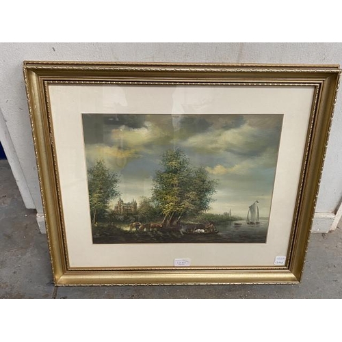 300 - Gilt framed oil painting depicting a river landscape signed Rothman 60x50cm