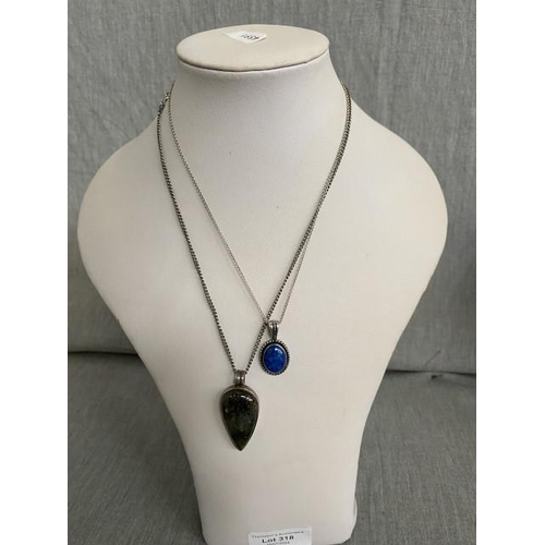 318 - Cabochon labradorite pear shaped pendant on silver neck chain, 44cm long & blue lapis pendant on sil... 