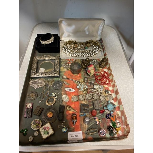 328 - Selection of collectables inc. sweetheart brooch, coral necklace, 2 thimbles inc. Charles Horner, 2 ... 