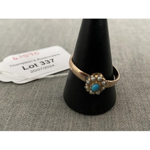 337 - Antique 9ct rose gold, seed pearl & turquoise ring (size S 1/2) 2.1g