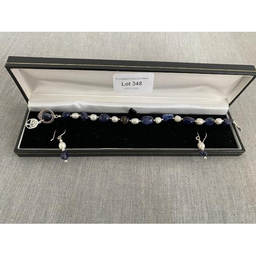 348 - Silver, hardstone lapis lazuli & pearl bracelet with matching drop earrings