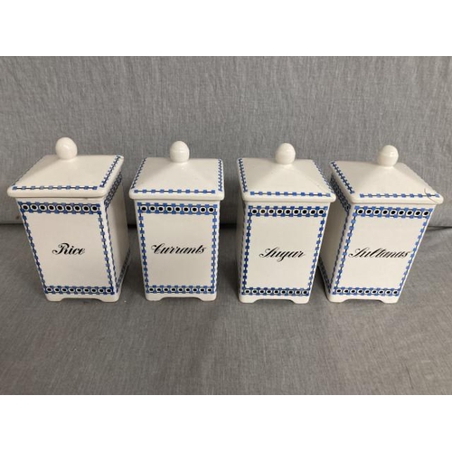 358 - 4 German 'Rhein' ceramic cannisters, 'Rice', 'Sugar', 'Sultanas' & 'Currants' (3 lids repaired- as f... 