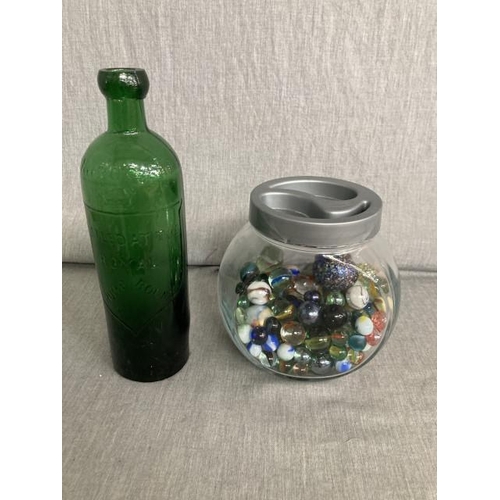 372 - Vintage Harrogate Royal Pump Room green glass water bottle & jar of marbles inc. art glass examples