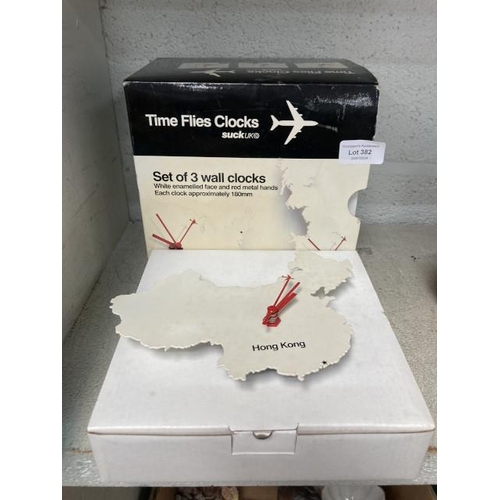 382 - Boxed Time Flies Clocks (SuckUK), set of 3 wall clocks approx. 180mm