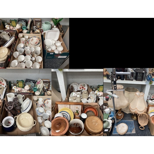 384 - 7 boxes of pottery, 2 table lamps, 3 stoneware hot water bottles, 2 tureens, vases etc.