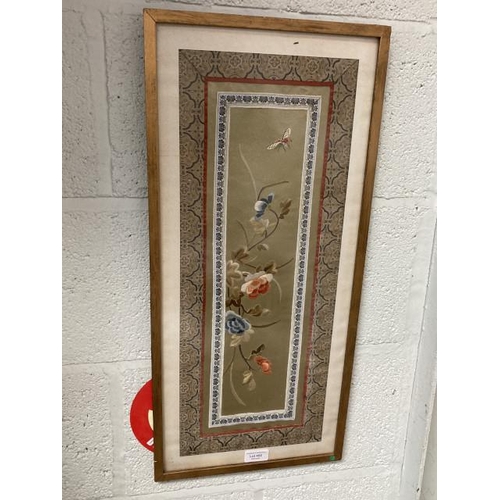 402 - Framed oriental silk embroidered panel 65H 30W