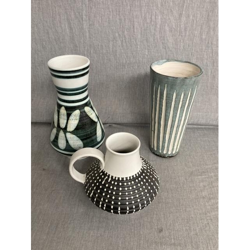 425 - Denby Burlington stoneware jug 15H, Cinque Ports Pottery, Rye vase 25H and studio pottery vase 24H