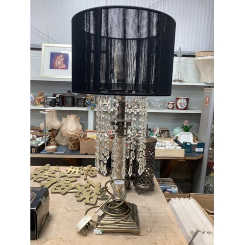 441 - Metal and crystal glass table lamp and black shade with glass droplets (one length missing) 64H