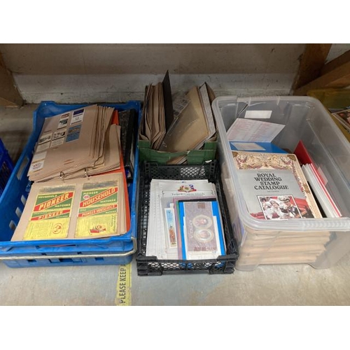 452 - 4 boxes of matchbox cases, stamps, Stanley Gibbons Royal Wedding stamp catalogue etc.