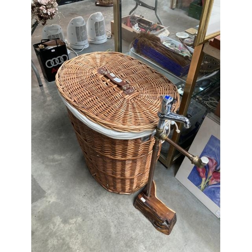 454 - Wicker basket with lid 60W 60H 41D & upcycled copper & tap loo roll holder