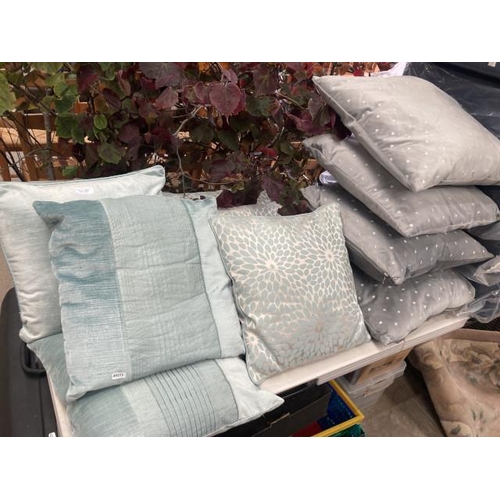 488 - 8 duck egg blue cushions and 5 grey velour HOME Merry & Bright cushions and an oriental Kyam rug 150... 