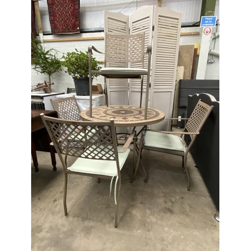 49 - Mosaic tiled top garden table 74H 92cm diameter and 4 chairs