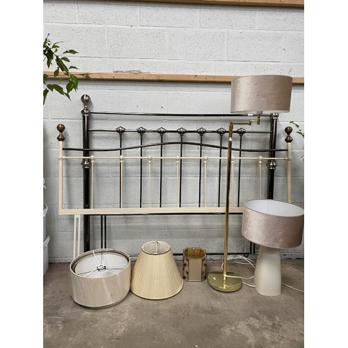 5 - 2 metal headboards (double and super king), brass standard lamp etc