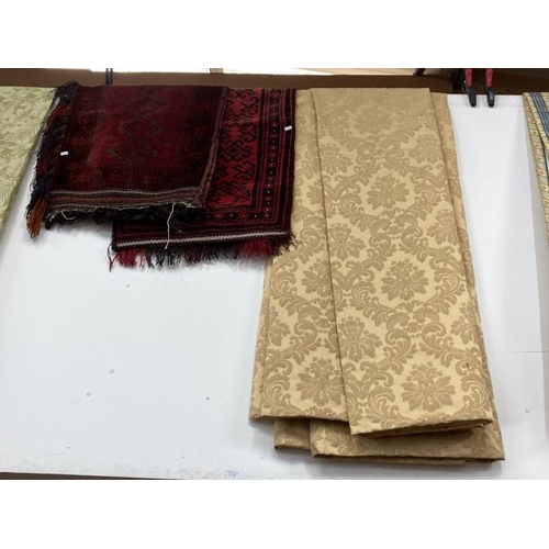 503 - 2 Persian prayer rugs 58 x 102cm and 58 x 112cm and a pair of gold coloured lined curtains 400w x 20... 