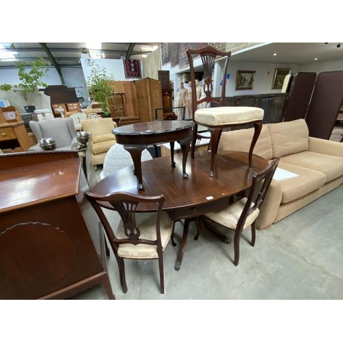 75 - Mahogany drop leaf table 76H 152W 87D with 4 chairs and a mahogany occasional table 39H 59W 40D