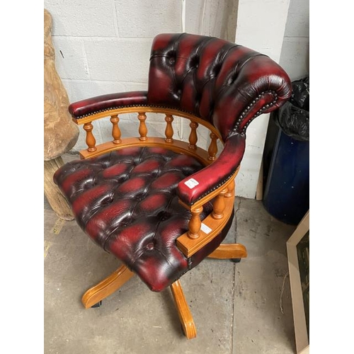 77 - Ox blood leather, button back Chesterfield swivel office chair 64W