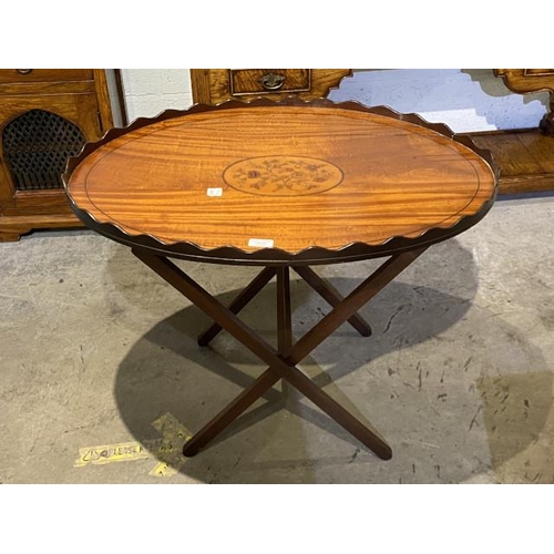 95 - Mahogany inlaid butlers tray on stand 61H 77W 53S