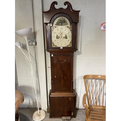 99 - 19th century mahogany inlaid 8 day grandfather clock with a painted enamel face ‘T Hargraves of Sett... 