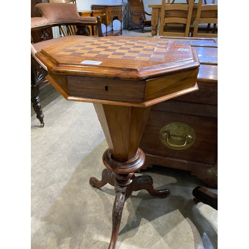 141 - Victorian walnut trumpet sewing/work box with inlaid chess board top 70H 40W 40D (as found)