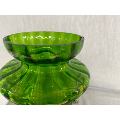 403 - Two Mary Gregory green glass vases (With small chip to rims) 28H, oversized red brandy glass & 1 oth... 